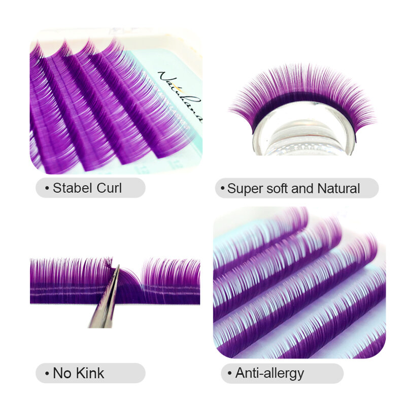 NATUHANA 5Cases/lot Red Pink Brown Purple Blue Green White False EyeLash Extension Individual Mink Color lashes cilia