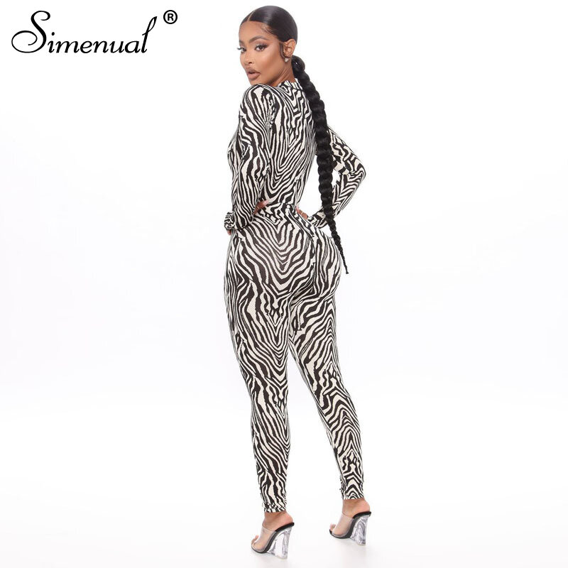 Simenual Zebra Print Hollow Out Rompers Womens Jumpsuit 긴 소매 지퍼 Bodycon 패션 스포티 캐주얼 Active Wear Jumpsuits