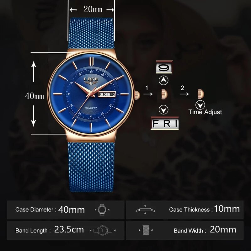 LIGE-여성 시계, 럭셔리 브랜드 초박형 캘린더 주 쿼츠 시계, 여성 메쉬, 스테인레스 스틸, 방수 선물, reloj muje + 박스