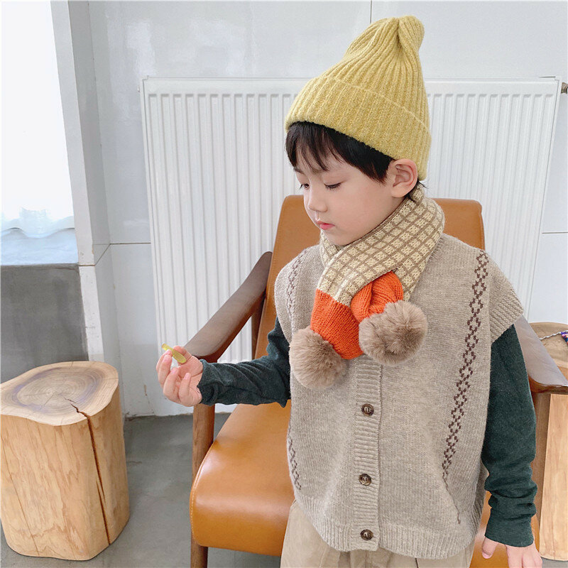 2021 dziecięca zima nowa, w kratę szalik z dzianiny japonia Korea słodki styl miękkie Pompon Patchwork szale szal dzieci ciepły szalik