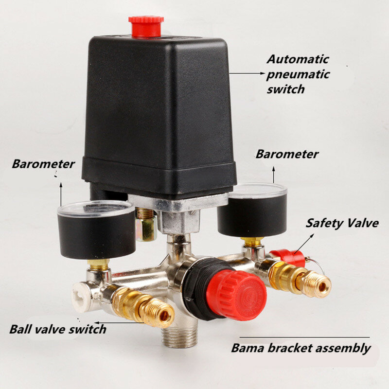Air Compressor Pressure Valve Switch Manifold Relief Regulator Gauges 90-120PSI 230-220V Aluminum alloy bracket