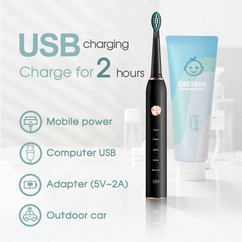 [Boi] IPX7 USB قابلة للشحن للكبار مع استبدال 8 فرش رؤساء تنظيف الأسنان 5 طرق الذكية فرشاة أسنان كهربائية بالموجات الصوتية