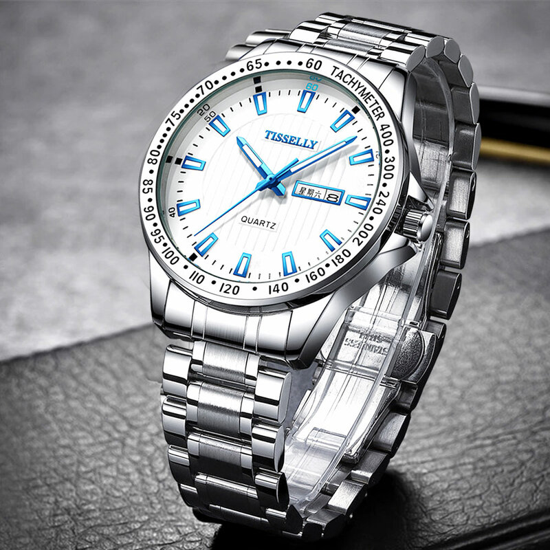 Reloj de plata de acero inoxidable para hombre, resistente al agua, con fecha, luminoso, de cuarzo, de pulsera Simple de lujo