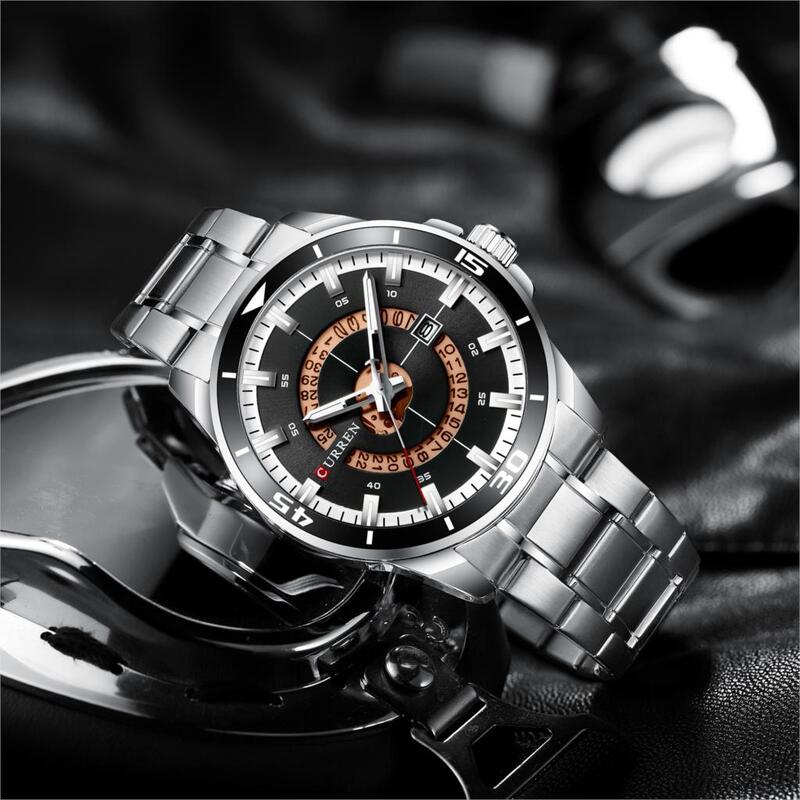 Curren-relógio de pulso de quartzo, modelo esportivo para homens, aço inoxidável