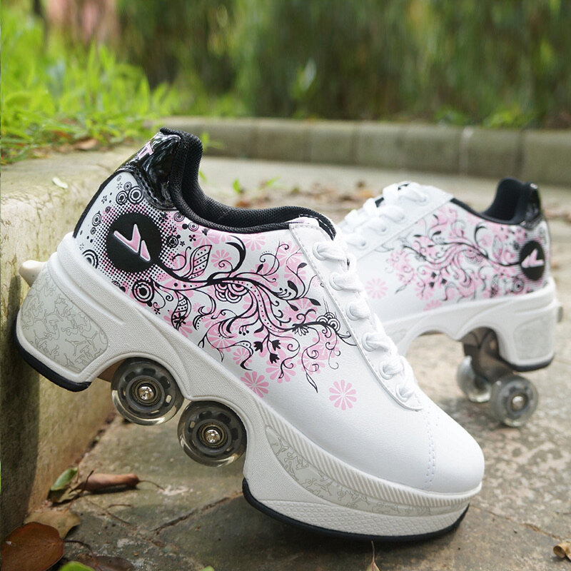 Deform Roller Skates Shoes Double Row Double-Wheel Running Shoes Automatic Four-Wheel Dual-Purpose Skateboard Shoes