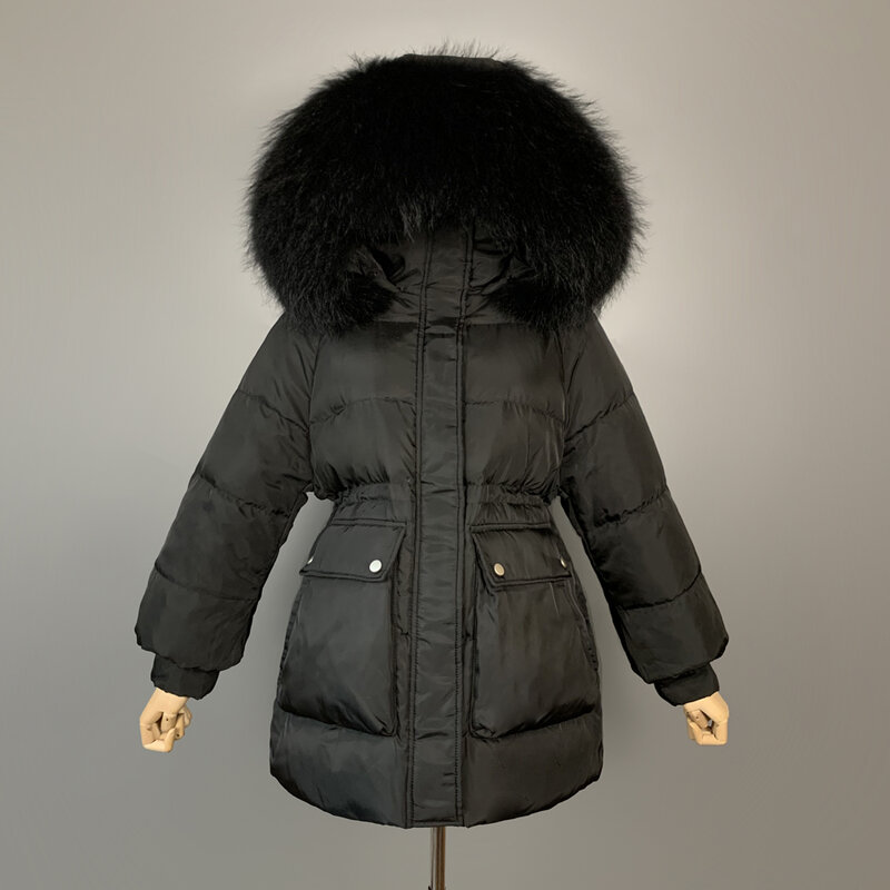 Chaqueta de plumón de pato para mujer, Cuello de piel de mapache Natural con capucha, cintura ajustable gruesa y cálida, color blanco, 2021, invierno, 90%