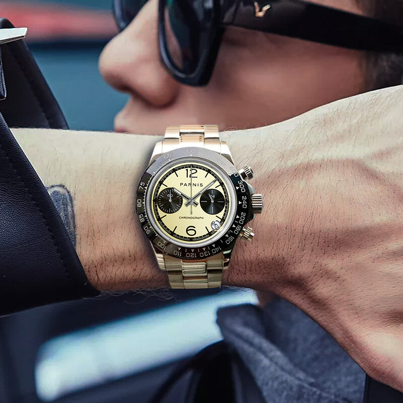 Fashion Parnis 39mm Men Quartz Chronograph Watch Waterproof Sapphire Glass VK63 Movement Stainless Steel Bracelet Wristwatches
