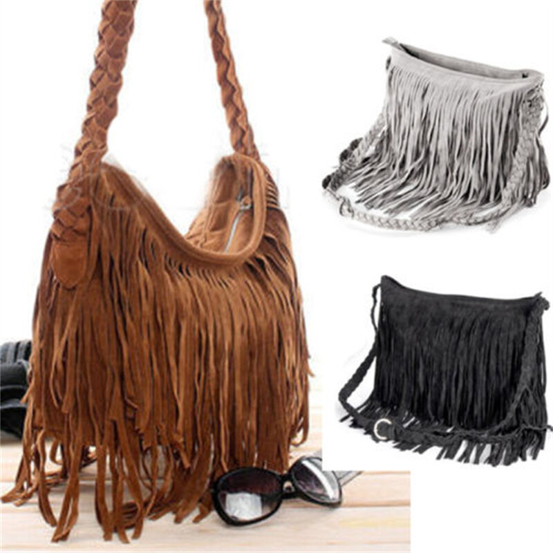 Women Tassel Backpack Suede Handbag Girl Casual Fashion Messenger Shoulder Bag Elegant Beautiful Satchel Grey/Brown/Black