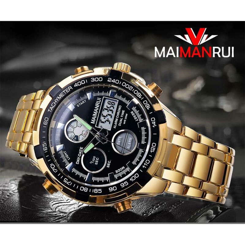 MAIMANRUI Dual Display Mens Watch Led Digital Sports Wristwatch Waterproof Luminous Alarm Date Chronograph Black Golden Clock