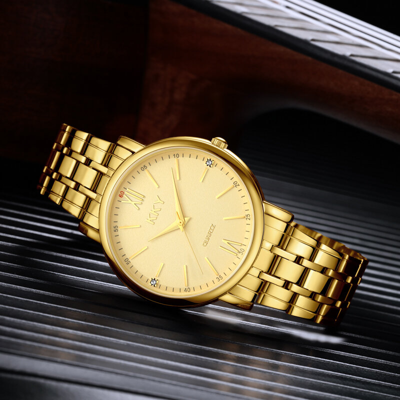 Relógio de pulso masculino e feminino, relógio dourado de quartzo com pulseira de aço