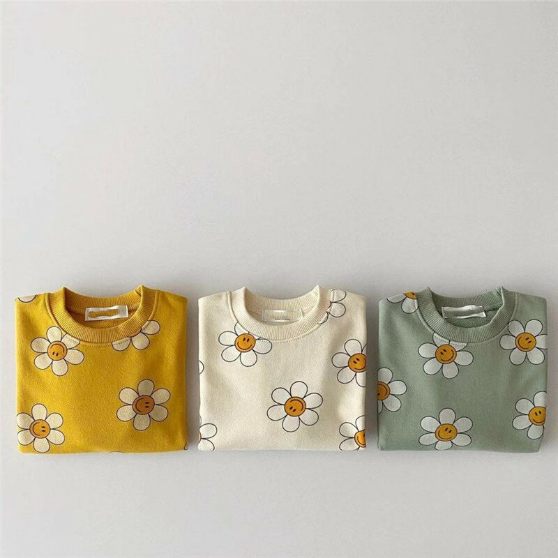EnkeliBB Baby 6M 9M 12M Long Sleeve Cotton Sweatshirt With Cute Flower Pattern Toddler Girls Autumn Spring Tops Korean Baby