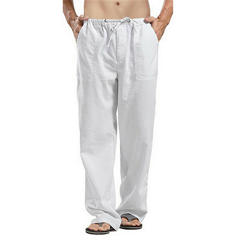 ฤดูร้อนผู้ชายสีทึบผ้าลินิน Multi-Pocket ตรงกางเกงขนาดใหญ่ Breathable สบายสายรัดกางเกงหลวม