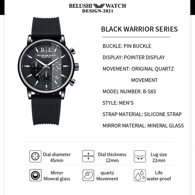 Men's Cool Sport Watches 2021 Luxury Quartz Watch Silicone Strap BELUSHI Watch Waterproof Chronograph Watch For Men Free Shiping