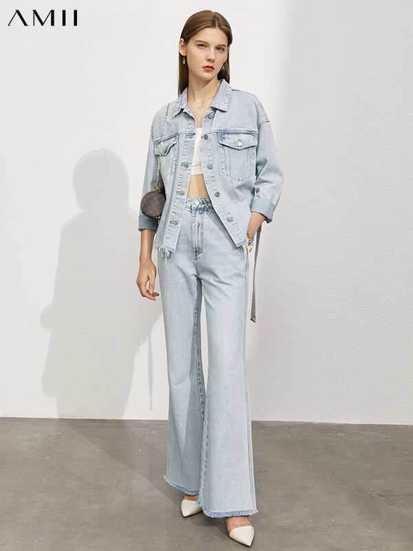 AMII minimalizm dwuczęściowy zestaw dla kobiet odzież dżinsowa zestaw kurtka damska wysokiej talii dżinsy spodnie szerokie nogawki garnitur Casual 12130254