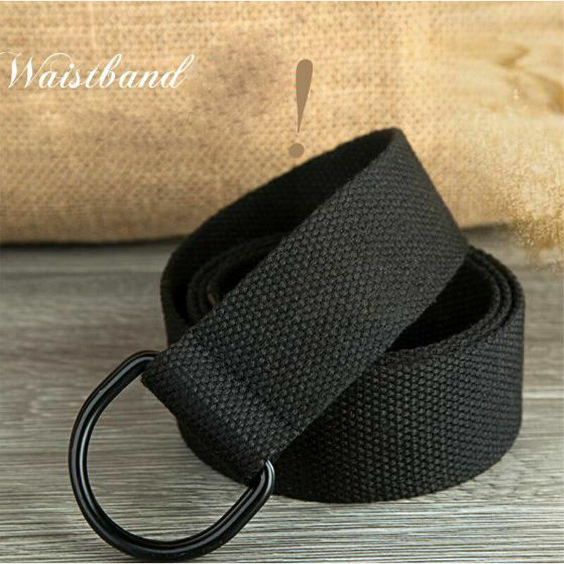 Cinturón de lona negro Unisex, doble anillo de aleación lavada, retro, hebilla de cinturón de lona, informal, pantalones vaqueros