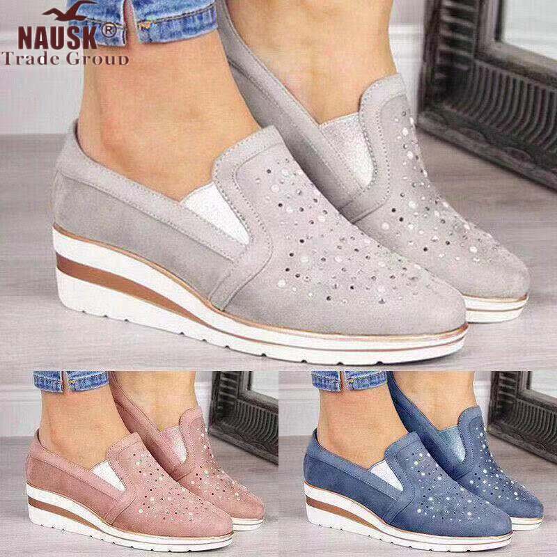 Sepatu Kasual Sneakers Berkerlip Datar Wanita Musim Gugur Sepatu Modis Pantofel Kristal Nyaman Platform Wanita Renda Wanita