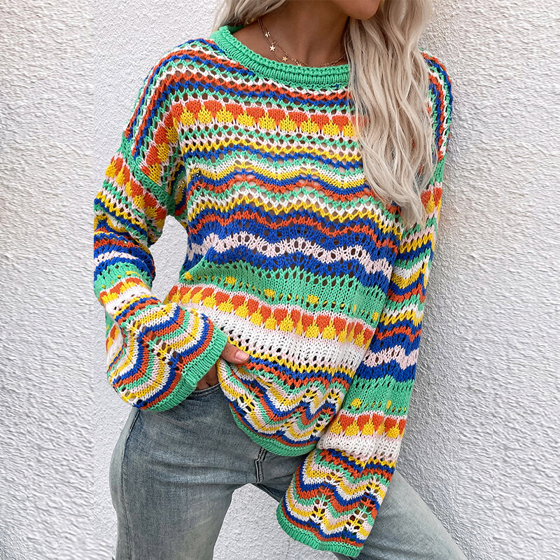 스웨터 여성 긴 소매 다채로운 줄무늬 여성을위한 o-넥 캐주얼 스웨터를 바느질 니트 패션 가을 겨울 느슨한 스웨터
