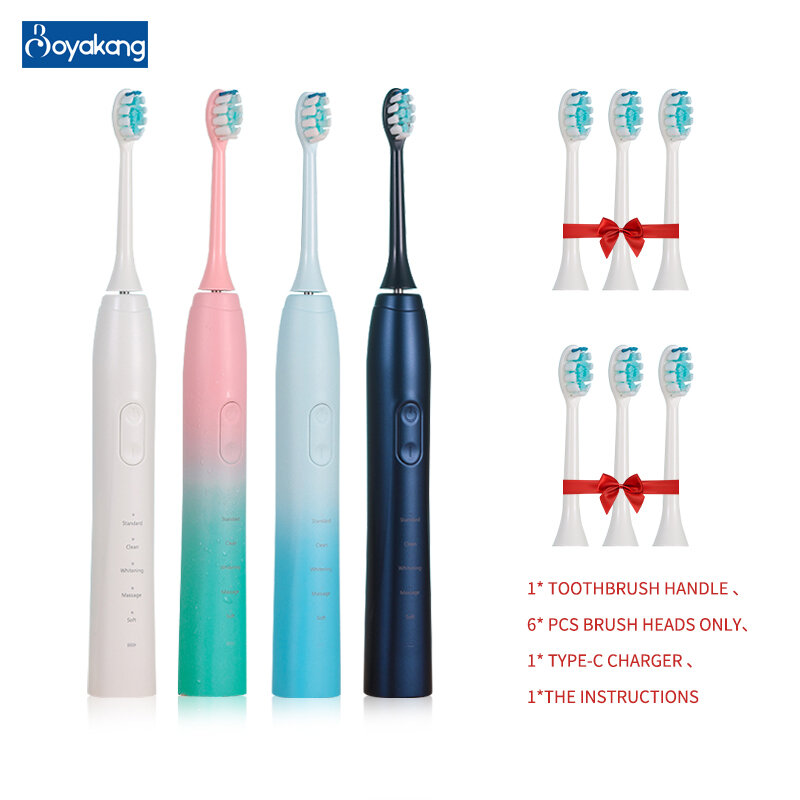 Boyakang sonic escova de dentes elétrica rechareable 5 modos 6 cabeças substituíveis ipx8 impermeável cerdas dupont tipo-c de carregamento