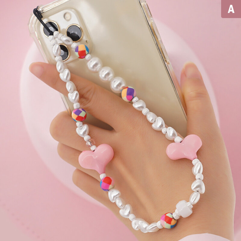 Chaîne de téléphone portable en perles d'argile perlées, lanière Anti-perte, bijoux de téléphone en forme de cœur d'amour pour femmes
