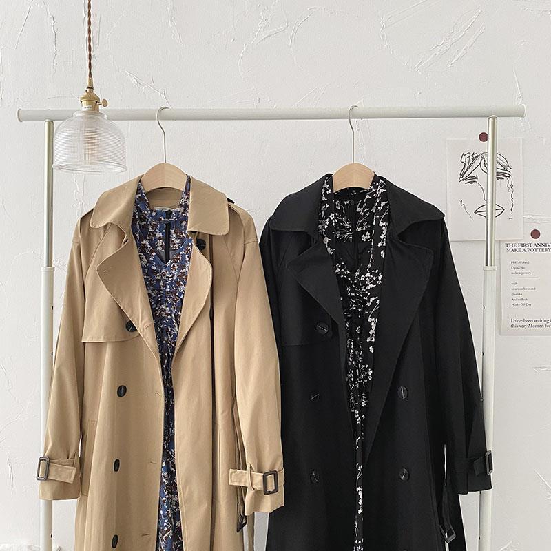 Gabardina de estilo largo para mujer, abrigo holgado con doble botonadura, elegante y popular, estilo Ulzzang Chic para otoño