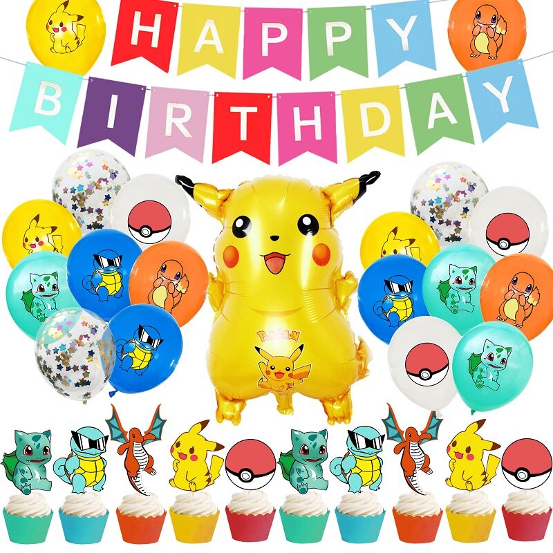 Pokemon Pikachu Birthday Party Decoration Squirtle Bulbasaur Charmander Vulpix Eevee Theme Tableware Plate Cup Cake Topper Toys
