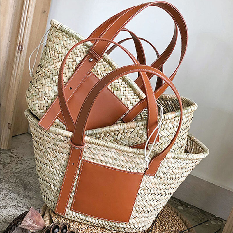 Casual torebka ratanowa torebka damska torebki Bohemia Rattan Pu łączenie słomy torba Palm Basket torby plażowe duża pojemność wiklinowe torebki