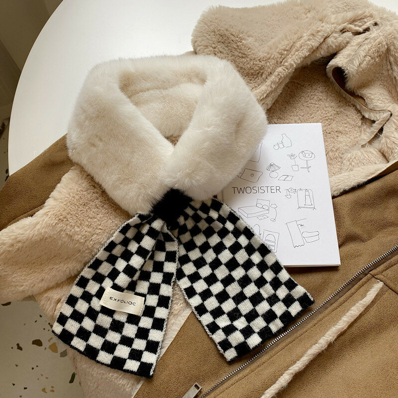 Bufanda de punto con diseño a cuadros para mujer, pañuelo grueso y cálido de piel de conejo, moda coreana, novedad de 2021