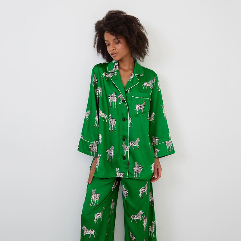 Hiloc Zebra Print Home Suit For Women Pajama Satin Long Sleeve Sleepwear 2021 Chic Pattern Set Woman 2 Pieces Pocket Autumn