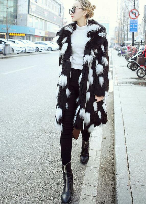 ใหม่ผู้หญิงฤดูหนาว Faux ขนสัตว์ Turn-Down คอยาวส่วนเสื้อแจ็คเก็ตหญิงสีดำสีขาวจุดเทียม Fox Fur เสื้อกันหนาว D628