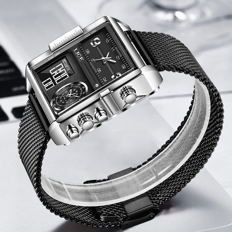 LIGE 2022 Top ยี่ห้อ Luxury Mens นาฬิกานาฬิกาดิจิตอลกีฬานาฬิกาข้อมือควอตซ์กันน้ำนาฬิกาจับเวลา Relogio Masculino