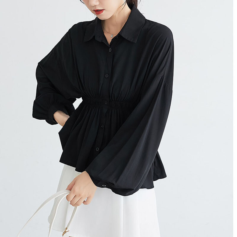 Blusa solta manga longa moderna preta estilo coreano, blusa feminina casual com elástico na cintura, gola virada para baixo, camisa elegante ol