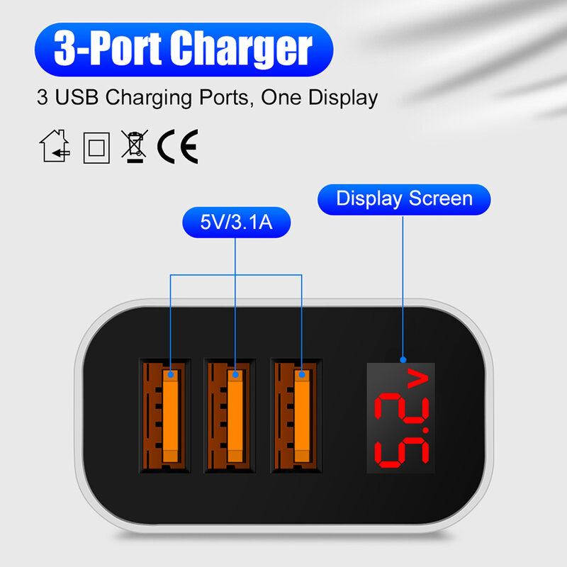 Phone Charger 3 USB LED Display charger 5V 3.1A For iPhone 12 pro max Samsung s21 s20 s10 Xiaomi Huawei Fast Charging Chargers