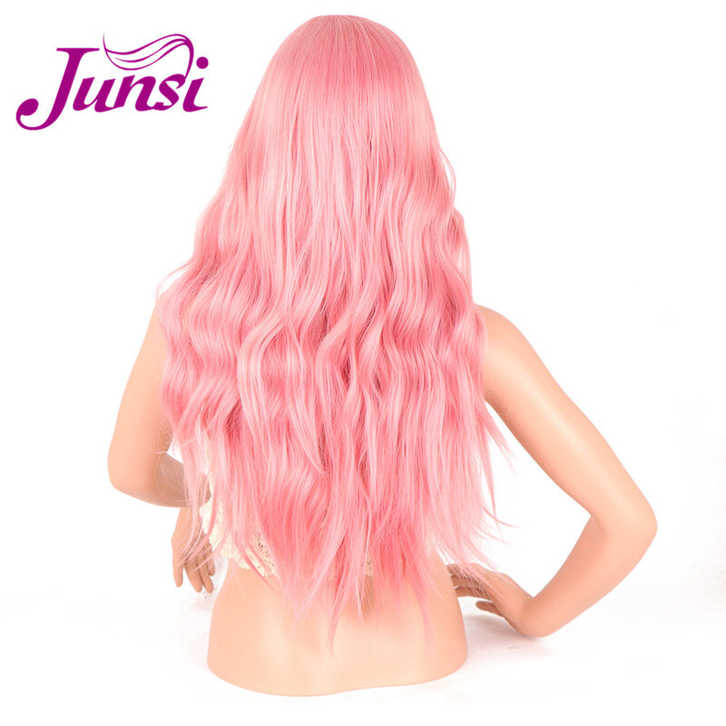Pelucas sintéticas JUNSI Rosa rizado largo 26 pulgadas Ondulado Natural para mujeres pelucas de fibra de alta temperatura