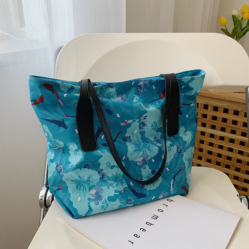 Ladies Fashion Printed Nylon Waterproof Shoulder Handbag Large Capacity Shopping Leisure Travel Beach Tote Bag