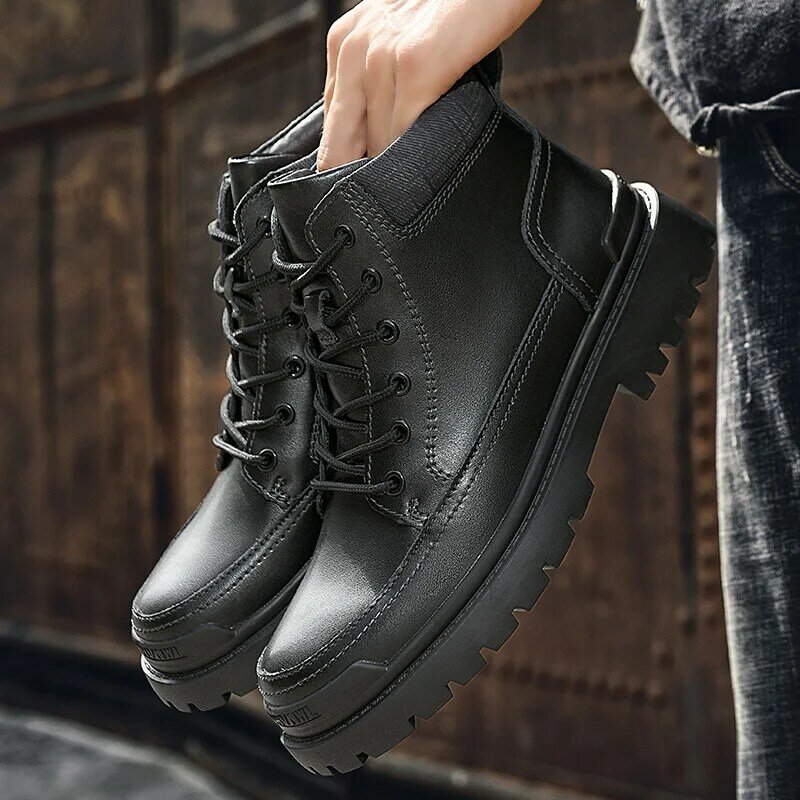 2021 Winter New Men Boots Fashion Leather Warm Plush Ankle Botas Hombre Luxur Brand Hight Top Lace Up Motorcycle Boots Big Size