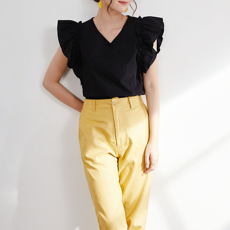 Schwarz Rüschen Top Sexy V-ausschnitt Sommer Licht Kurzarm Frauen Bluse Mode Falbala Weiblichen Koreanischen Stil 2021 Blusen