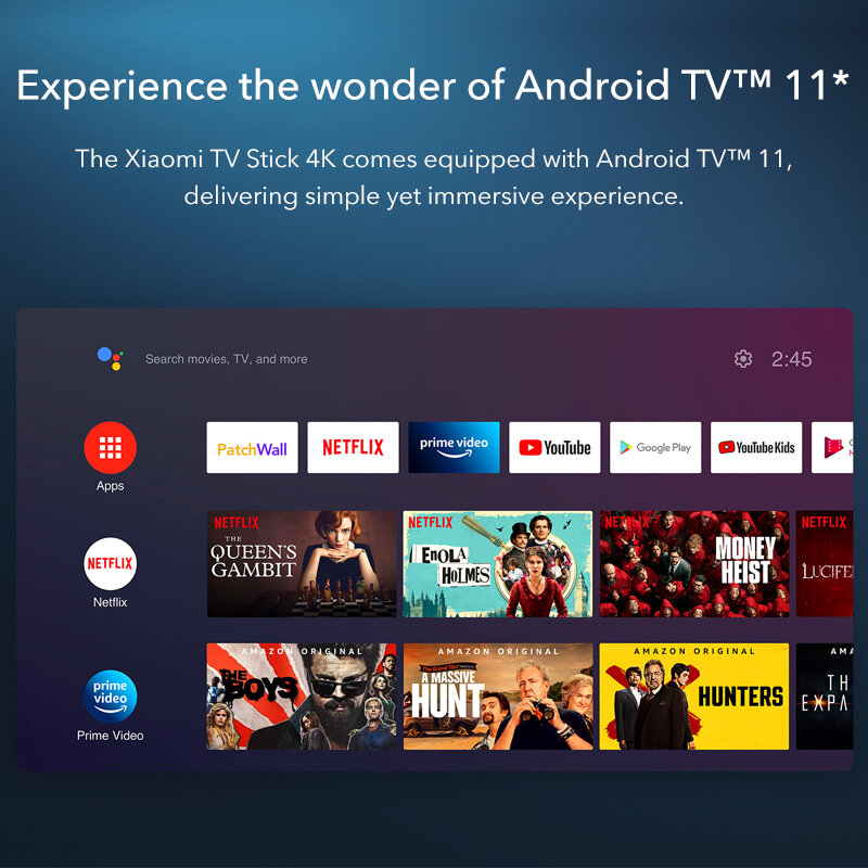 Xiaomi Mi TV Stick 4K Global Version Stream w 4K Google Assistant * wbudowany Android TV 11 2GB 8GB czterordzeniowy procesor TV BOX