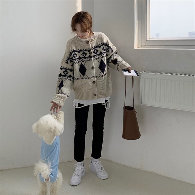 Korean new sweater women's Retro lazy wind Lingge autumn and winter loose and versatile sweater student coat