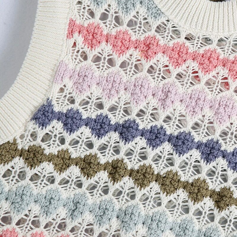 Gilet en tricot à col rond pour femmes, pull sans manches, ajouré coloré au Crochet, Style collège, vêtements doux pour filles, automne 2021
