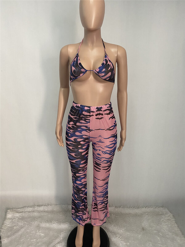 Женский комплект из 2 предметов, топ с лямкой на шее и расклешенные брюки с завышенной талией и принтом, лето 2021
