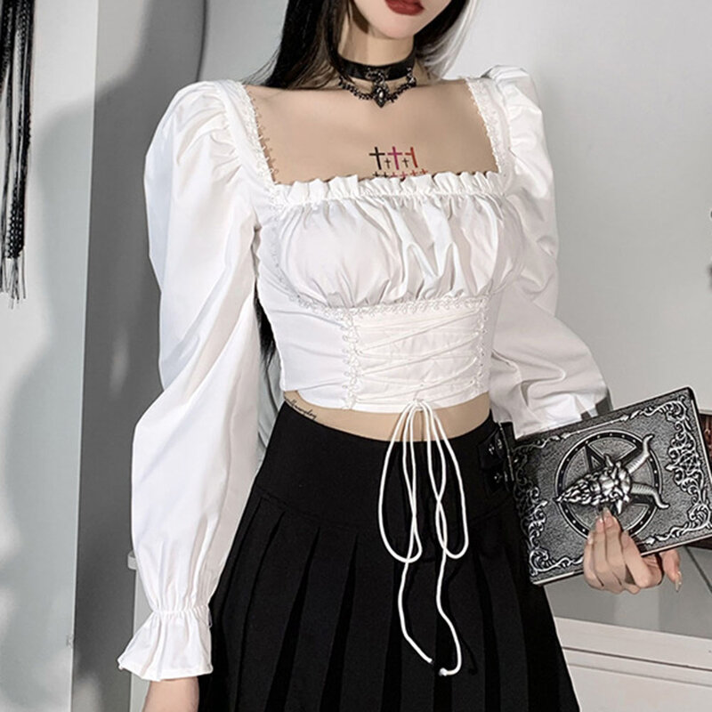 2021 High Street Fashion Fall Season New Solid Color Square Collar Long Sleeve Sexy Draw Back Bandage Women Blouse Fungus