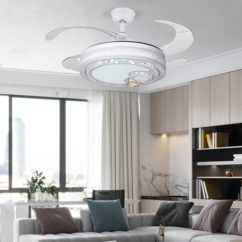 Lámpara de araña nórdica de lujo para sala de estar, ventilador de interior silencioso y oculto, hoja de 2022 V, 42cm, cristal de atenuación sin electrodos, 220