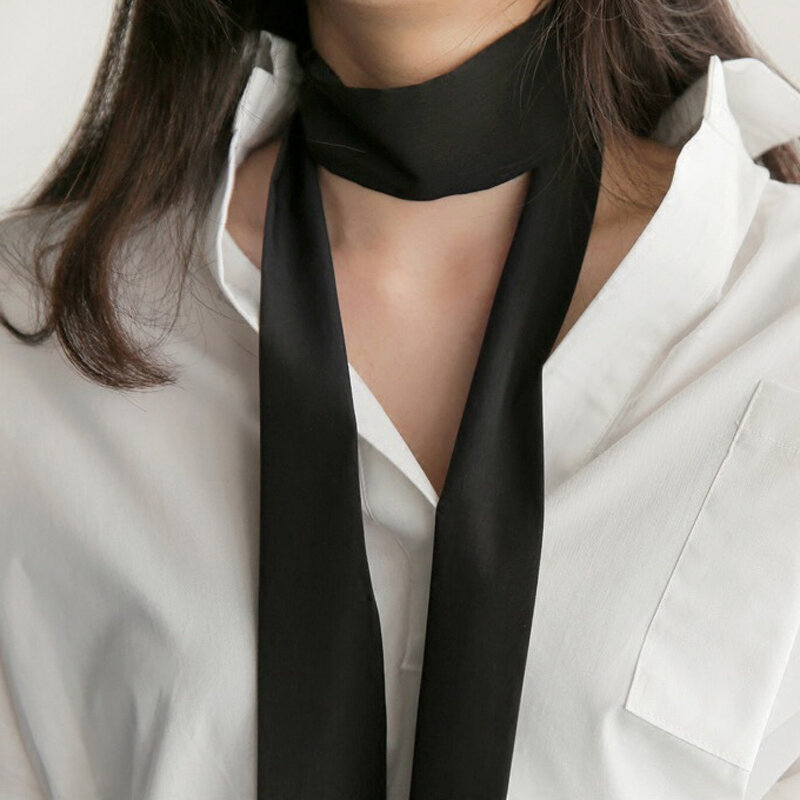 루나 & 돌핀-좁은 긴 스카프, 200x5cm, 단색 쉬폰 실크 고무 레드 타이, 검정색 가방 리본 머리띠, 초커 스트리머