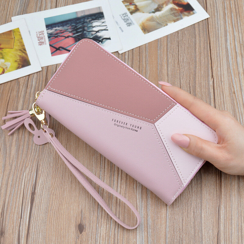 女性のための幾何学的な財布,ジッパー付きのピンクの電話ポケット,カードホルダー,パッチワーク,女性のための長い財布,タッセル付きの短いコイン