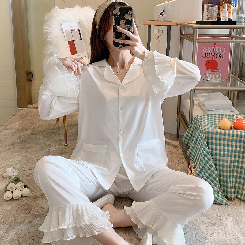 Pajamas Women's Spring Summer Long-Sleeve Pure White Ice Bell Sleeve Autumn and Winter Thin Suit Simple Artificial Silk