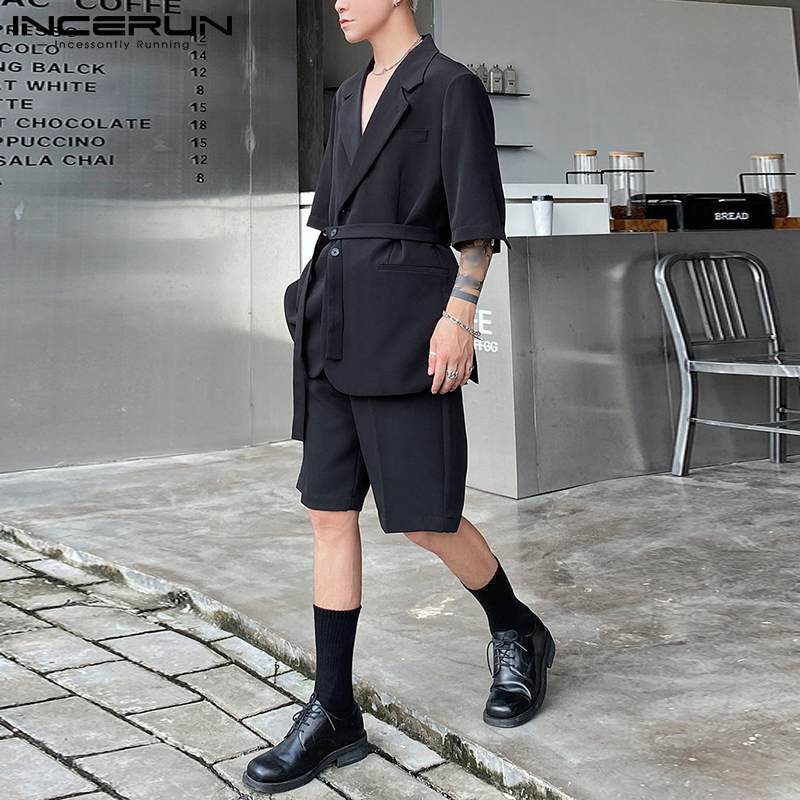 INCERUN 세련된 남성 잘 맞는 세트 중간 소매 반바지 캐주얼 스트리트 착용 허리 넥타이 단색 편안한 정장 S-5XL