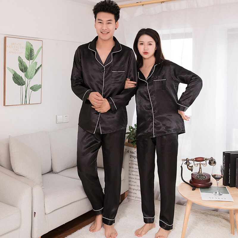 Conjunto de pijamas masculino cetim de seda, pijamas de casal de cor sólida e manga longa