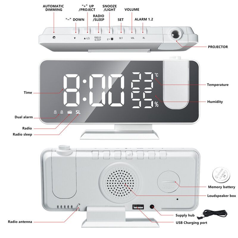 LED 디지털 알람 시계 디지털 프로젝터 라디오 알람 시계 패션 조절 미러 알람 시계 알람 시계 Relogio Horloge