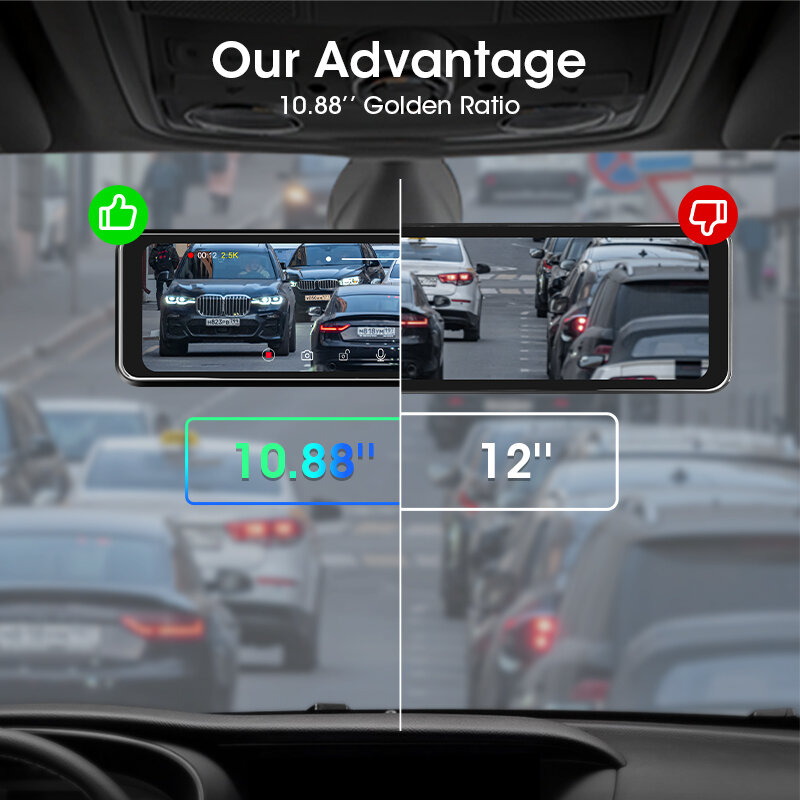 Vtopek – enregistreur vidéo de conduite pour voiture avec écran tactile, 2.5K, 10.88 pouces, Vision droite, Streaming multimédia, double objectif, caméra arrière