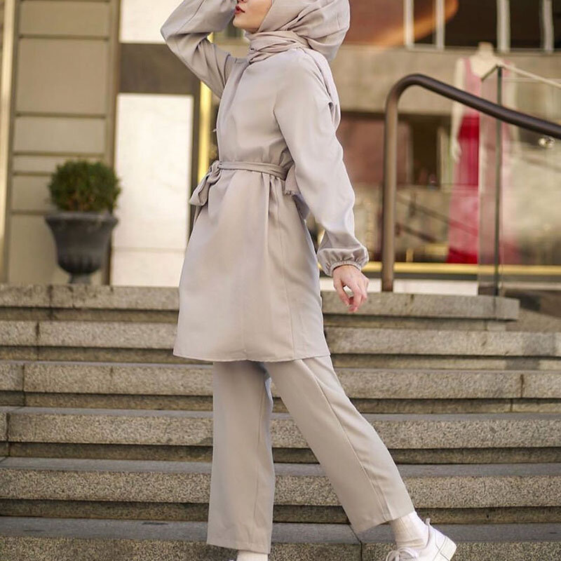 2020 moda quente dubai muçulmano conjuntos de manga longa roupa modesta 2 peça conjunto feminino longo topos para meninas muçulmanas boa qualidade M-XXL